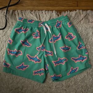 Chubbies Teal Shorts with Colorful Shark Design